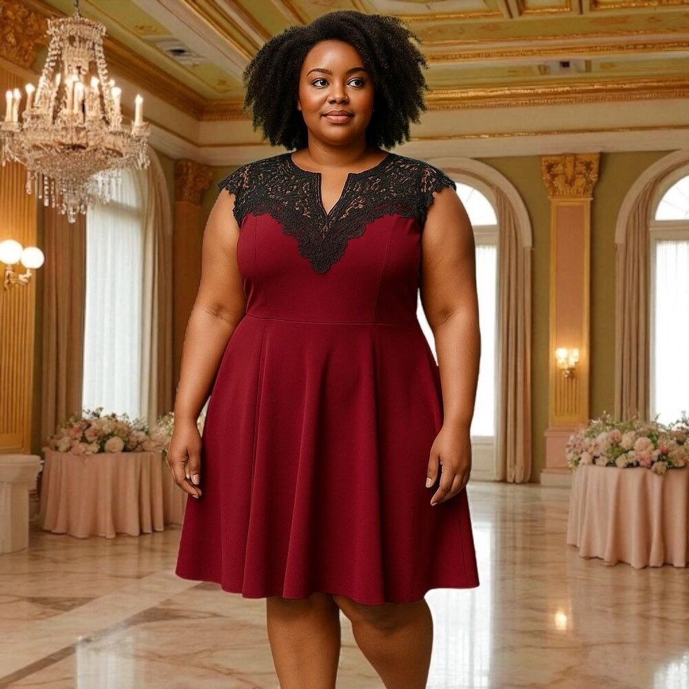 AX Paris Curve Burgundy Black Fit & Flare Crochet Lace Dress 18